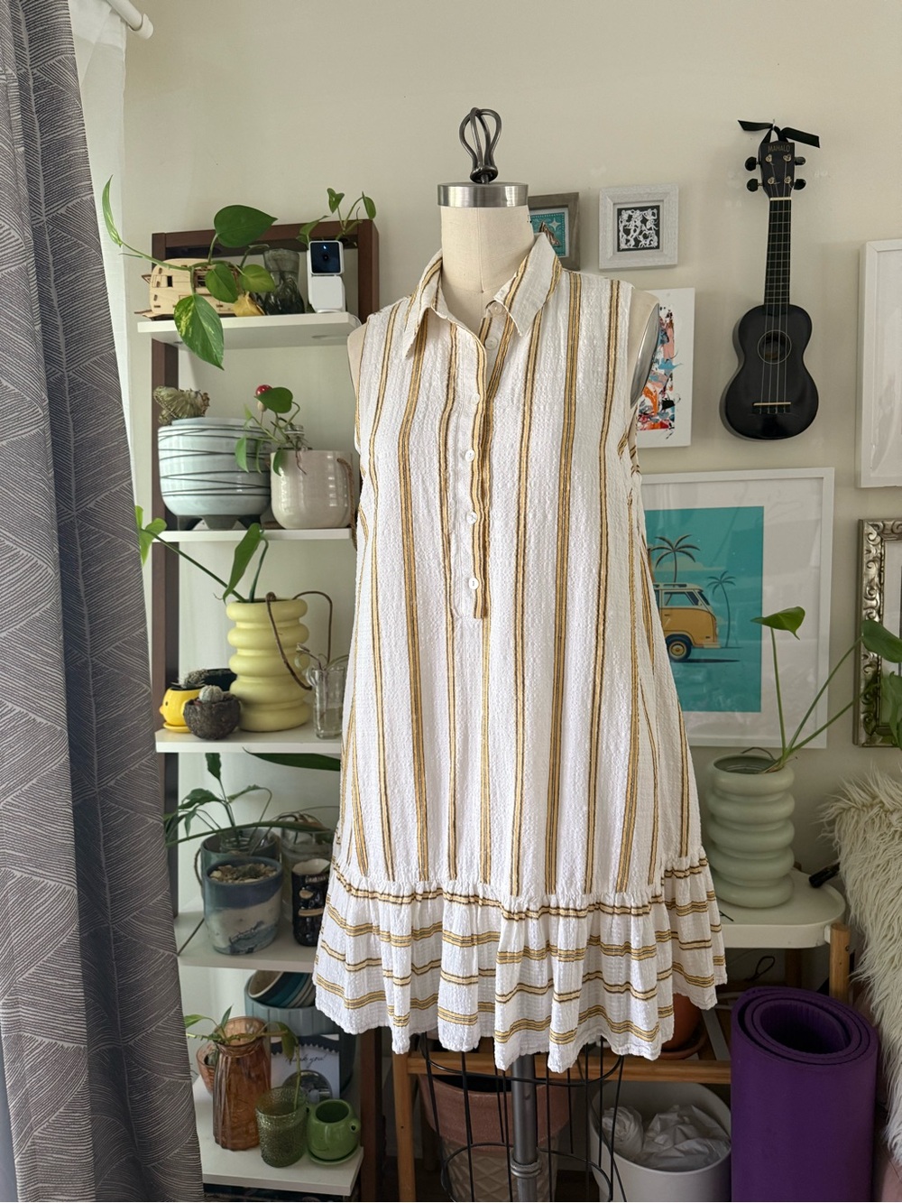 River Island White and Gold Striped Sleeveless Shirt Dress cotton (W)